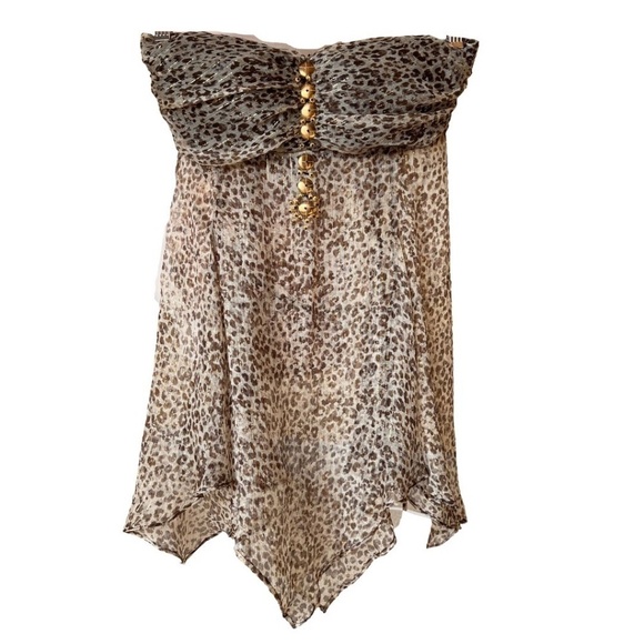 Arden B Tops - Arden B Animal Print Sheer Strapless Top Smocked Back Handkerchief Hem Sz L NWT